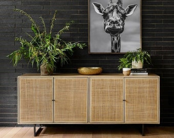 Woven 4 Doors Solid Wood Buffet Sideboard with Metal legs | Made in India Buffet Sideboard | Dining Room Buffet Sideboard
