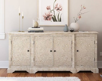 Hand Carved Solid Wood White Buffet Sideboard | Carving Buffet Sideboard in White | Antique Carved Sideboard | Wood Buffet