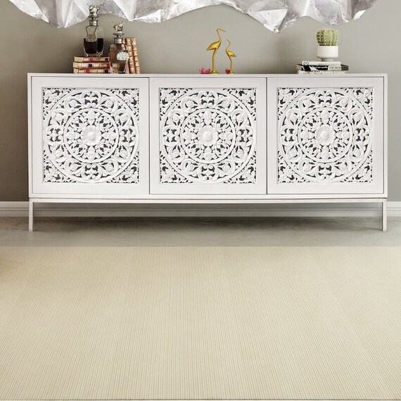 Solid Wood Hand Carved White Buffet Sideboard With Metal Base