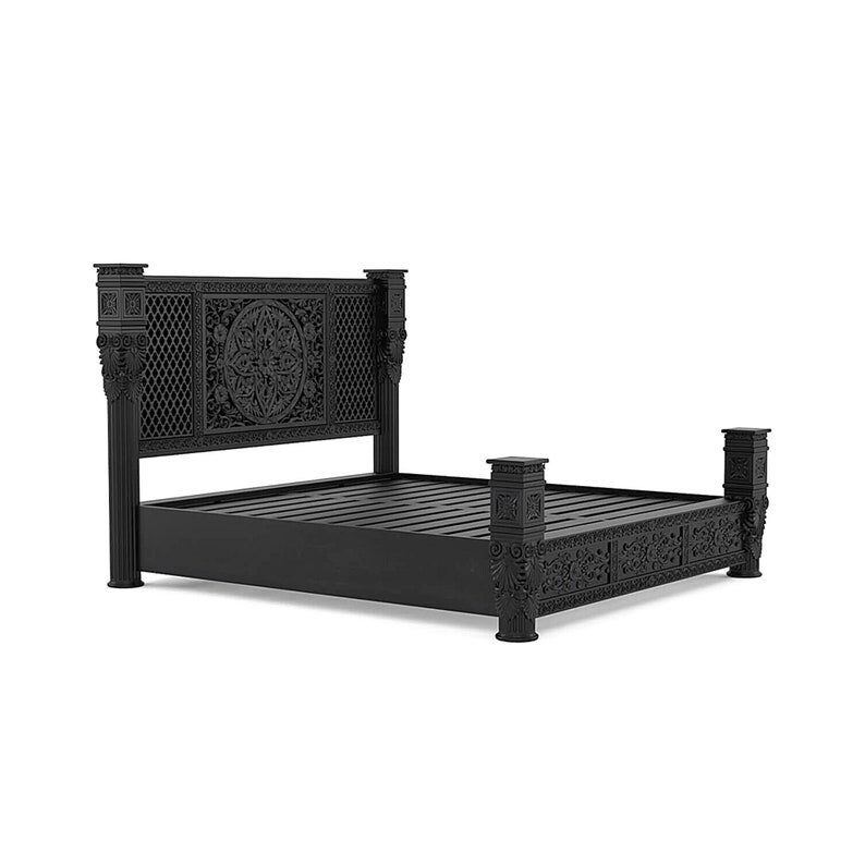 Royal Hand Carved Solid Wood Bedroom Black Finish Bed Carving Bed Frame