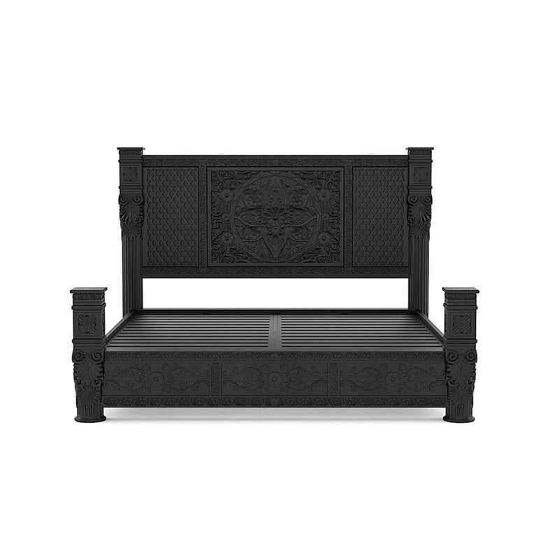 Royal Hand Carved Solid Wood Bedroom Black Finish Bed Carving Bed Frame