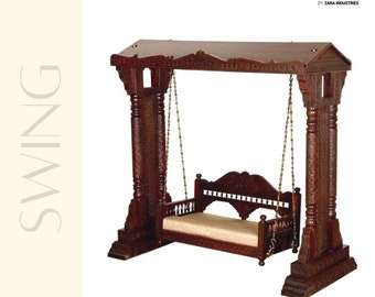 Solid Wood Handcarved Free Stand Swing | Solid Wood Indian Jhula | Made in India Swing | Indian Handmade Big Pillar Indoor Swing