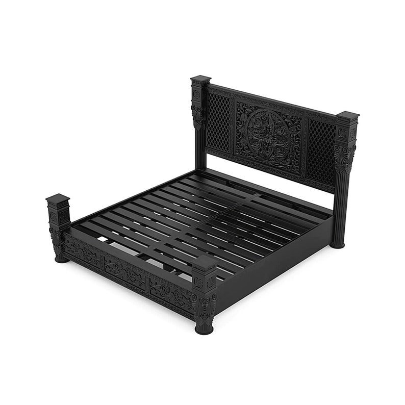Royal Hand Carved Solid Wood Bedroom Black Finish Bed Carving Bed Frame