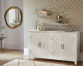 Hand-carved White Solid Mango Wood 4-Door Sideboard | Carving Buffet Sideboard