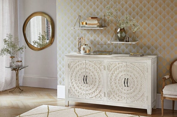 Hand carved White Solid Mango Wood 4 door Sideboard Carving Buffet