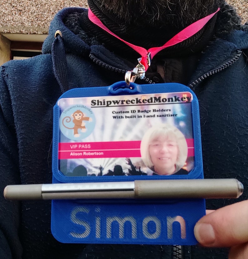 ID Badge holder, personalised with name or message Optional hand sanitiser, pen and Lanyard image 2