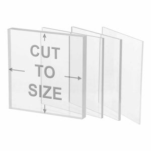 May include: Multiple clear acrylic sheets stacked on top of each other. The top sheet has the words "CUT TO SIZE" printed on it.