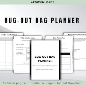 May include: A stack of white A4-sized pages with the title "BUG-OUT BAG PLANNER" in bold black letters. The planner includes pages for adult planning, weight testing, water planning, and instructions. The text "Personalised Emergency Go-Bag Planning System" is also visible.