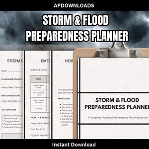 Può includere: Un appunti con un pianificatore di preparazione a tempeste e inondazioni. Il pianificatore include sezioni per la pianificazione delle emergenze, acqua e cibo e esigenze personali e sanitarie. Il testo "Instant Download" è in basso.