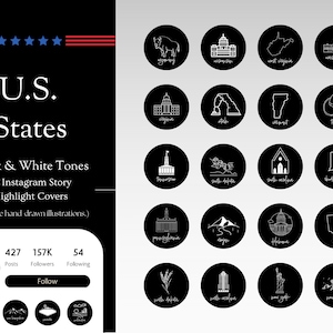 May include: Black and white illustrations of each US state, including a bison for Wyoming, a capitol building for Washington, D.C., and a mountain range for Oregon. The illustrations are arranged in a grid pattern on a black background.