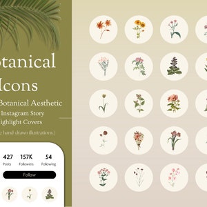 Copertine in evidenza di Instagram Copertine in evidenza minimaliste di Instagram Copertine in evidenza botaniche per Instagram Icone di fiori IG estetica verde