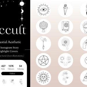 May include: A set of 50 black and white illustrations for Instagram story highlight covers. The illustrations feature celestial and occult themes, including stars, moons, suns, eyes, hands, crystals, and a pentagram.