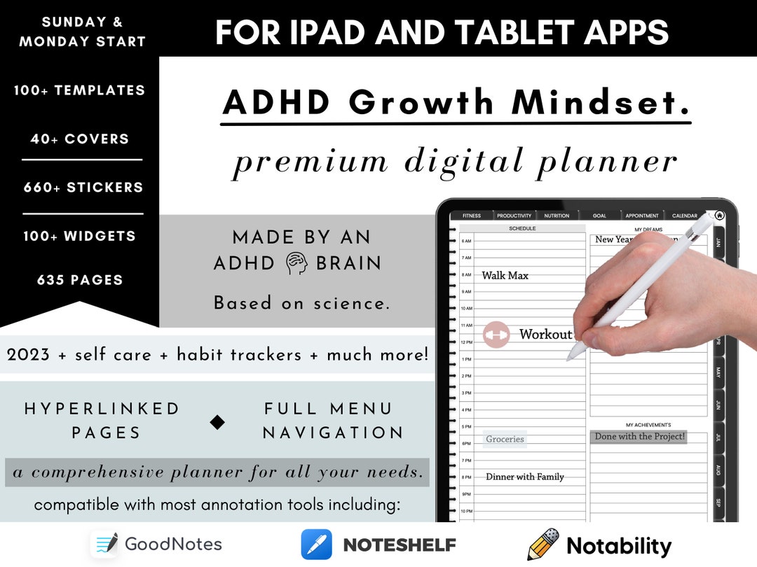 ADHD Digital Planner for Ipad, Goodnotes + Android, Black ADHD Daily ...