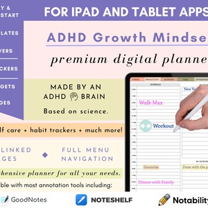 Op de afbeelding: Een digitale planner voor iPad en tablet-apps, ontworpen voor mensen met ADHD. De planner bevat 635 pagina's, meer dan 100 sjablonen, meer dan 40 omslagen, meer dan 660 stickers en meer dan 100 widgets. De planner is gemaakt door een ADHD-brein en is gebaseerd op wetenschap. De planner bevat zelfzorg- en gewoontetrackers. De planner is compatibel met GoodNotes, Noteshelf en Notability.