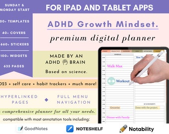 ADHD Digital Planner for iPad, Goodnotes + Android, Adult ADHD Daily Planner, Habit Tracker & Self Care Journal, Science Based Organizer