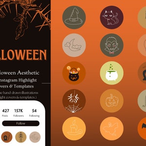 Op de afbeelding: Een set van 45 Halloween-thema Instagram highlight covers en sjablonen. De covers bevatten verschillende Halloween-iconen, waaronder een tovenaarshoed, een kat, een schedel, een ketel, een spinnenweb, een pompoen, een grafsteen, een vleermuis en een spook. De covers zijn ontworpen in een minimalistische stijl met witte contouren op een gekleurde achtergrond.