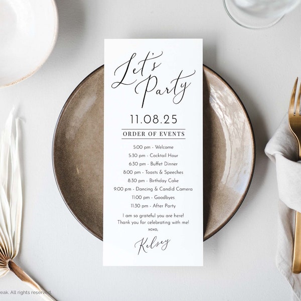 Party Program Template, Birthday Party Itinerary, Black & White Birthday Menu, Table Card, Editable Template, Instant Download, UD1