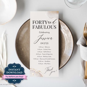 Peut inclure: Une invitation imprimable pour une fête d'anniversaire de 40 ans avec un design abstrait en or et blanc. L'invitation comprend le texte "FORTY and FABULOUS", "Celebrating Jessica", "09.27.25" et un programme des événements de la fête.