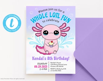 Bewerkbare Axolotl meisjes verjaardagsuitnodiging, schattige Axolotl partij uitnodigen, Axolotl onderwater thema, Instant Download, digitale sjabloon, AX1