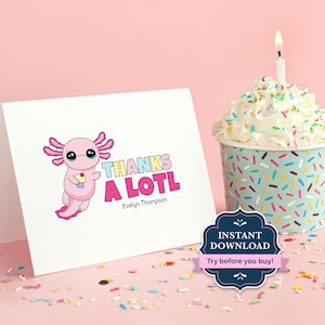 Carte de remerciement personnalisée Axolotl, carte de correspondance pliée Axolotl pour filles, carte de remerciement pour enfants, modèle de carte de voeux modifiable, AX1