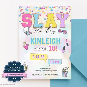 Tween Geburtstagseinladung, Slay the Day einladen, Varsity Patch Text, Tween Girls Party einladen, bearbeitbare Vorlage, Stoney Clover Lane, VAR