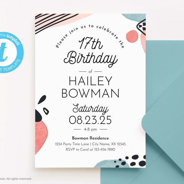 Teen Birthday Invitation, Tween Birthday Party Invite, Girl 17th Birthday Invite, Digital Birthday Invitation, Instant Download, Editable