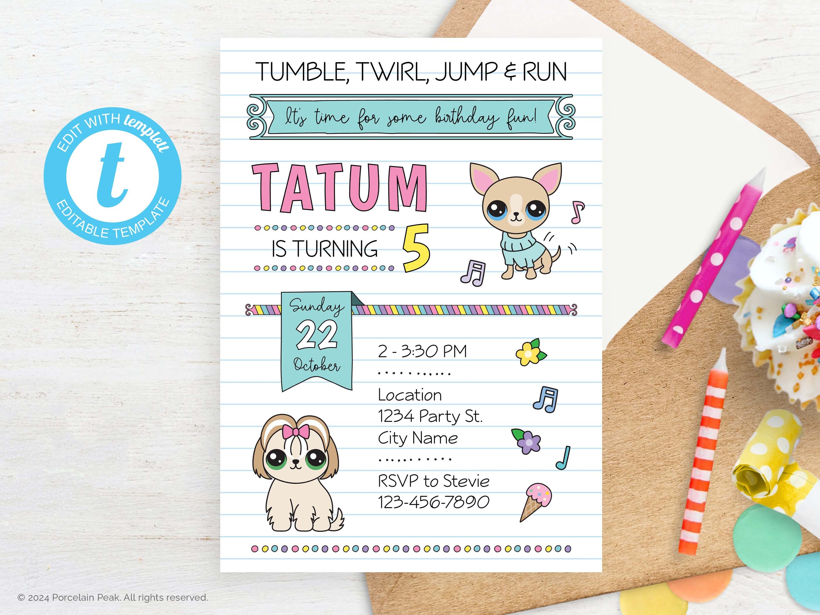 Editable Girl Dog Birthday Invitation, Puppy Party Invite, Lets Pawty ...