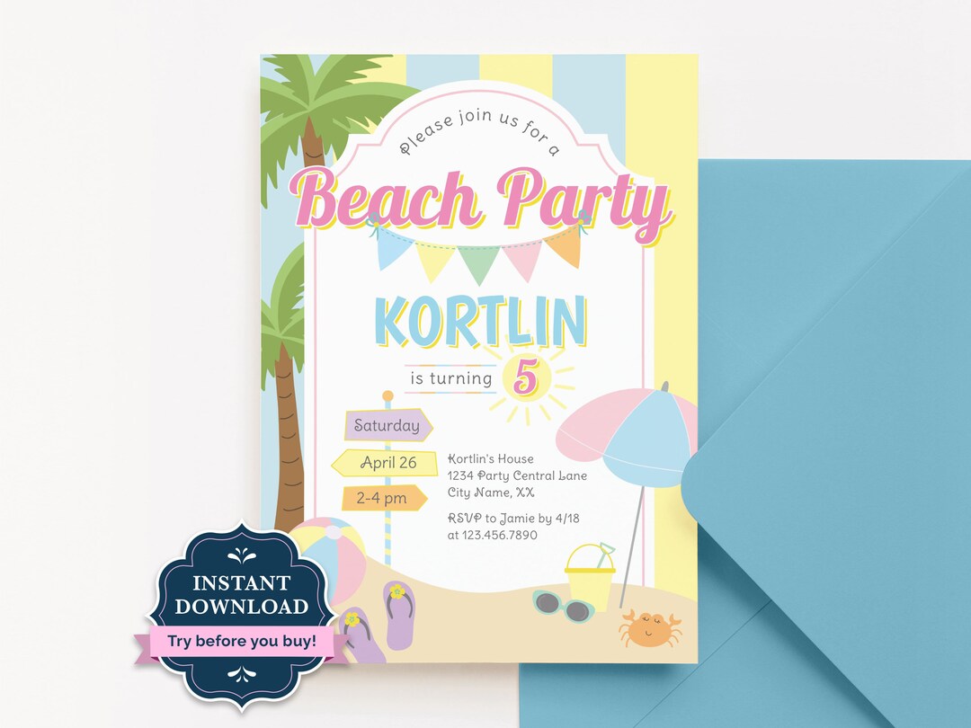 Beach Party Invitation, Girl Beach Theme Birthday Invite, Beach Vibes ...