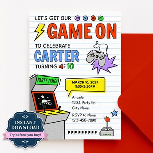 Editable Boys Arcade Birthday Invitation, Video Game Birthday Invite, Gamer Birthday Party Theme, Kids Game On Arcade Party Invite, ARC1