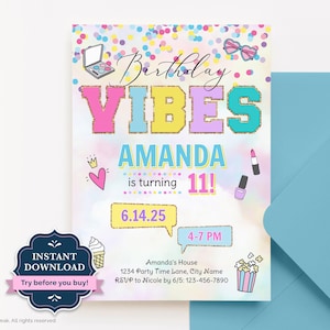 Tween Birthday Invitation, Birthday Vibes Invite, Varsity Patch Text, Tween Girls Party Invite, Editable Template, Stoney Clover Lane, VAR