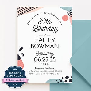 Editable 30th Birthday Invitation Template, ANY AGE, Party Invite For Her, Contemporary, Modern Invitation, Digital Download, Printable, AB1