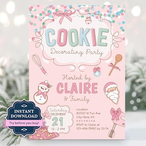 May include: Pink and blue cookie decorating party invitation featuring a snowman, Santa Claus, and a mixer. The invitation reads "Cookie Decorating Party" and "Hosted by Claire & Family". The date is Saturday, 21st December from 12-2 PM. The location is 8000 W Fun Ave, City Here, XX. RSVP to Claire on 123-456-7890 by 12/14.