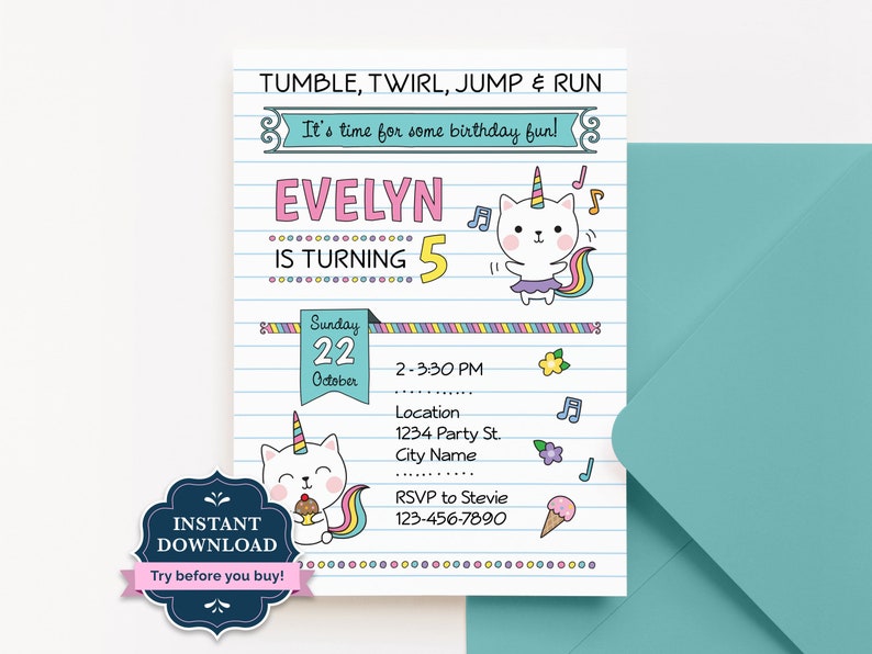 Editable Caticorn Birthday Invitation, Girls Kittycorn Invite, Cat ...