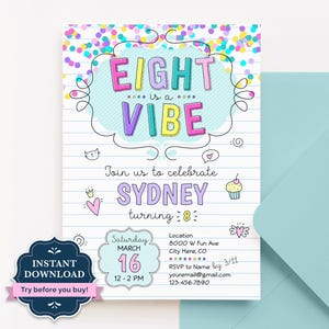8th Birthday Invitation, Confetti Party Invite, Tween Girl Rainbow Confetti, Playful Doodles, Age 8, Printable, Editable Template, CD1