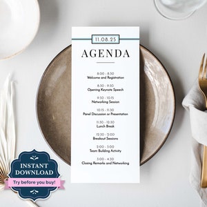 Bewerkbare programmasjabloon, agenda bedrijfsevenement, reisplan, conferentievolgorde van evenementen, tafelkaart, afdrukbaar, direct downloaden