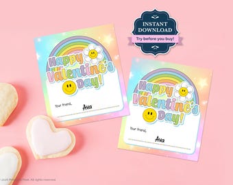 Rainbow Valentine Cards, Smiley Face Valentines for Kids, Flower School Valentine Cards, Kids Classroom, Printable, Instant Download, RNBW