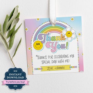 Bearbeitbarer Kindergeburtstagsgeschenk Favor Tag, Smiley-Gesicht Regenbogen Dankeschön-Tag, Daisy Smiley Face, Party Favor Tag, Goodie Bag, Printable, RNB1
