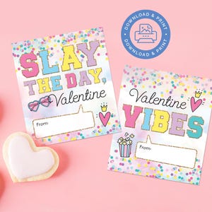 Tarjetas de San Valentín para niñas preadolescentes, texto de parche universitario, San Valentín para niños, tarjetas de San Valentín para la escuela, Slay, Vibes, imprimibles, descarga instantánea, VAR