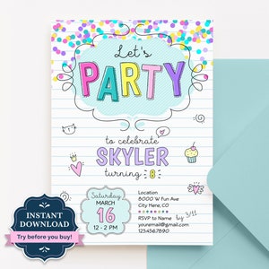 Editable Confetti Birthday Party Invitation, Tween Girl Party Invite, 7th, 8th, 9th, 10th Birthday, Printable, Digital Template, CD1