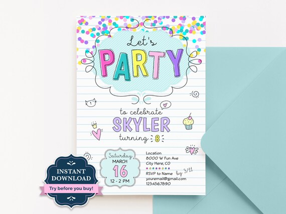 Editable Confetti Birthday Party Invitation, Tween Girl Party Invite, 7th, 8th, 9th, 10th Birthday, Printable, Digital Template, CD1