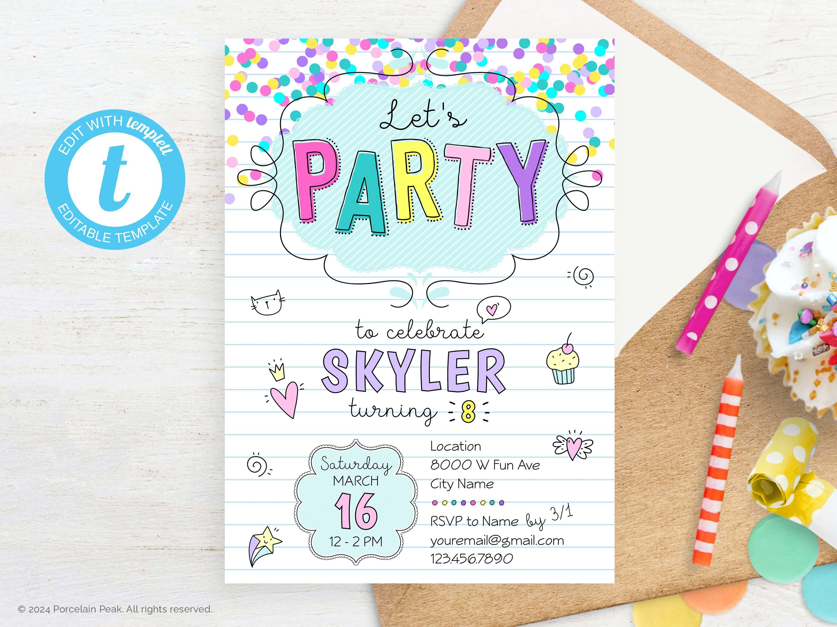 Editable Confetti Birthday Party Invitation, Tween Girl Party Invite ...