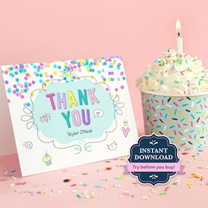 Personalisierte Konfetti Dankeskarte, Mädchen Briefpapier mit Namen, gefaltete Notecard, Kinder Dankeschön, bearbeitbare Grußkartenvorlage, CD1