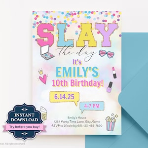 Tween Birthday Invitation, Slay the Day Invite, Varsity Patch Text, Tween Girls Party Invite, Editable Template, Stoney Clover Lane, VAR