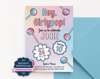 Tween Birthday Invitation, Tween Girl Party Invite, Lollipop, Girlypop, 7th, 8th, 9th, 10th, 11th Birthday, Dum Dums, Digital Template, POP1
