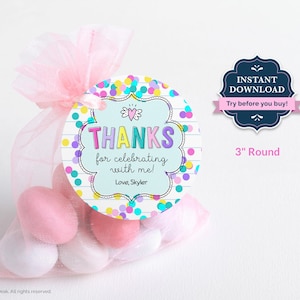Bearbeitbares Konfetti Geburtstag Dankeschön-Tag, Tween Party Favor Aufkleber, Mädchen rund Geschenktüte Etikett, digitale Vorlage, Kreis Bday Aufkleber, CD1