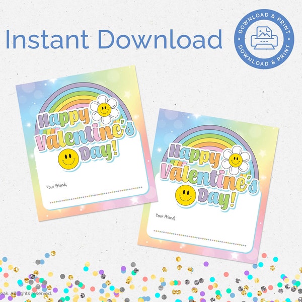 Rainbow Valentine Cards, Smiley Face Valentines for Kids, Flower School Valentine Cards, Kids Classroom, Printable, Instant Download, RNBW1