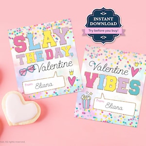 10代の女の子向けバレンタインカード、バーシティパッチテキスト、子供向けスラング、学校向けバレンタインカード、スレイ、バイブス、印刷可能、即時ダウンロード、VAR