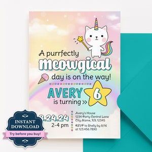 Editable Girls Caticorn Birthday Invitation, Kittycorn Party Invite, Cat Theme Birthday, Rainbow Kitty, Digital Template, MC1