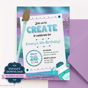 Editable Art Birthday Party Invitation, Girls Arts & Crafts Party Invite, Tween Art Party, Create and Celebrate, Canvas Painting Party, ART1
