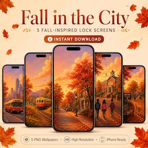 Pode incluir: Cinco smartphones exibindo telas de bloqueio com tema de outono com folhagem laranja e vermelha vibrante. O texto diz Fall in the City, 5 FALL-INSPIRED LOCK SCREENS, INSTANT DOWNLOAD, 5 PNG Wallpapers, HD High Resolution, iPhone Ready.